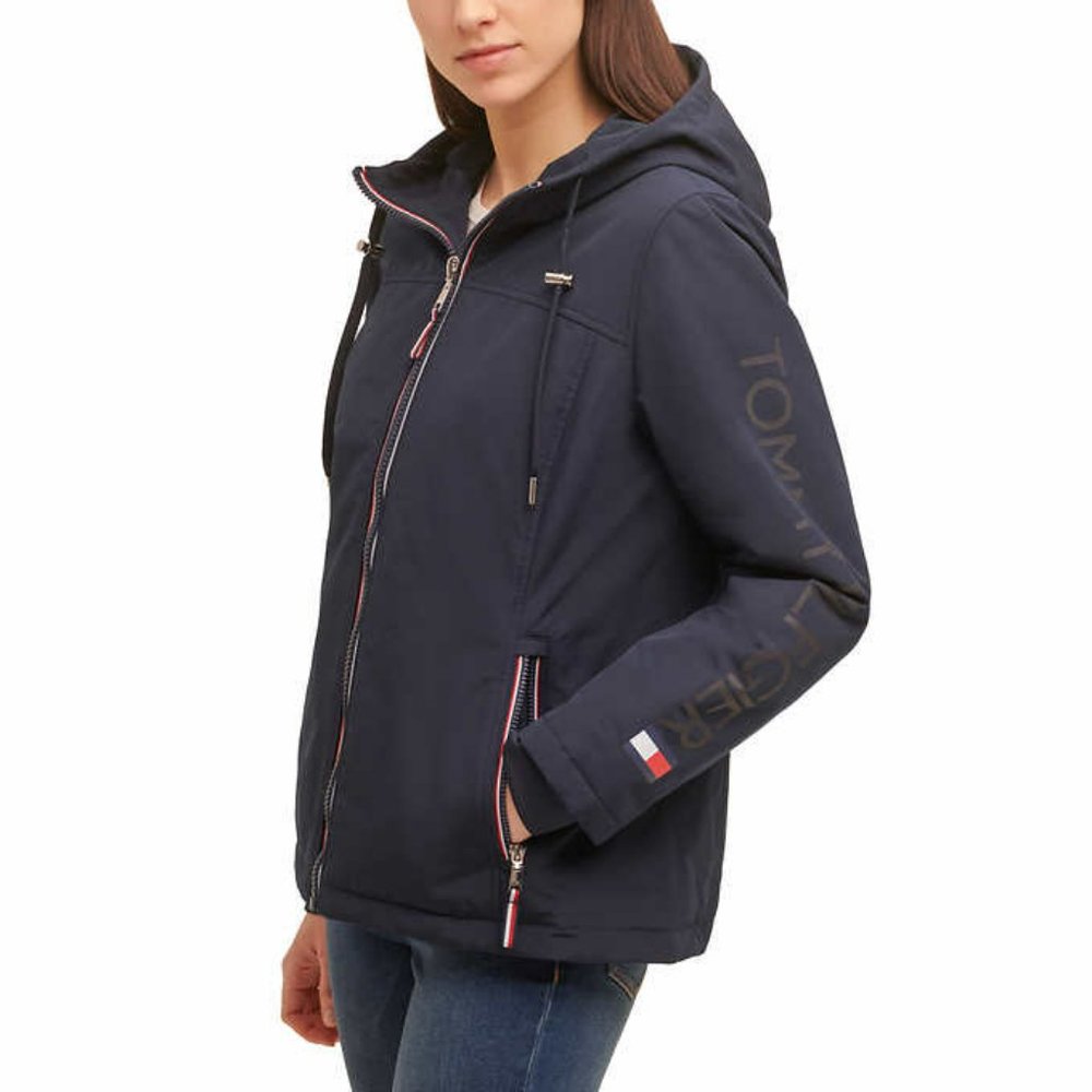 Tommy Hilfiger Ladies Women Windbreaker Fur Lined Jacket - Navy Blue